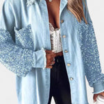 Birgit Oversized Jean Jacket with Frayed Hem and Sequin Accents