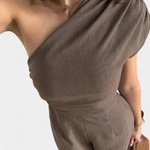 Asymmetrical One-Shoulder Jumpsuit with Ruched Accents in Magnolia