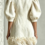 White 3D Floral Puff-Sleeve Cotton-Linen Mini Dress