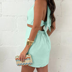 Women's Halter Tie Romper Gold Ring Cutout Jumpsuit Backless Tied Skorts Romper Sleeveless Summer Beach Romper