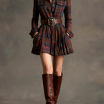 Vintage Lapel Red and Brown Plaid Mini Dress（Includes belt）
