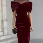 DRAMATIC BURGUNDY VELVET BOW MIDI DRESS