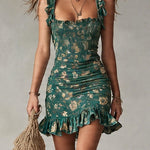 Bohemian Green Printed Ruffled Mini Dress