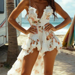 Sexy floral ruffled V-neck high-low dress
