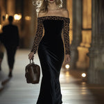 【24-hour shipping】Retro Elegant High-End One-Shoulder Leopard Print Velvet Dress