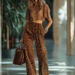 【24-hour shipping out】Casual Loose Vintage Velvet Leopard Print Pocket Elastic Waist Pants