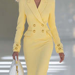 Elegant and Simple V-neck Light Yellow Knitted Midi Dress