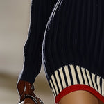 Retro French Elegant Fashionable High Collar Red And White Striped Dress