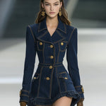 【24-hour shipping out】Classic and Playful Large Lapel Ruffled Hem Waist Denim Mini Dress