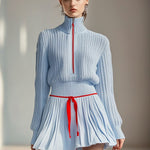 【24-hour shipping out】Casual Fashion Stand Collar Zipper Knitted Sweater Culotte Sports Set