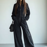 【24-hour shipping out】Casual Loose Retro Denim Zipper Elastic Waist Lapel Long Sleeve Jumpsuit