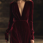 【24-hour shipping out】V-Neck Retro Solid Color Velvet Long-Sleeved Midi Dress