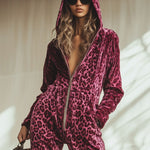 Casual Loose Retro Pink Velvet Leopard Print Elastic Waist Zipper Hooded Jumpsuit
