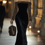 【24-hour shipping】Retro Elegant High-End One-Shoulder Leopard Print Velvet Dress