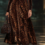 【24-hour shipping out】Lapel Fashion Party Leopard Print Velvet Long Sleeve Midi Dress