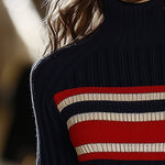 Retro French Elegant Fashionable High Collar Red And White Striped Dress