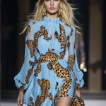 Elegant Personality Leopard Print Sky Blue Chiffon Mini Dress