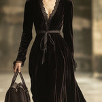 V-Neck Lace Panel Solid Velvet Long-Sleeved Maxi Dress