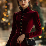 Fashion Retro Ankola Red Velvet Single-Breasted Long-Sleeved Midi Dress