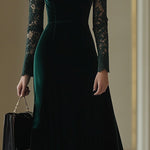 【24-hour shipping out】Elegant Retro Velvet Stitching Lace High Collar Long Sleeve Midi Dress