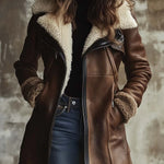 Women's Vintage Contrast Lambskin Collar Faux Leather Coat