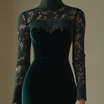 【24-hour shipping out】Elegant Retro Velvet Stitching Lace High Collar Long Sleeve Midi Dress