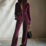 【24-hour shipping out】Casual Retro Purple Velvet Leopard Print Elastic Waist Zipper Hooded Jumpsuit