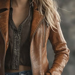 Women's Vintage Contrast Zipper Faux Leather Jacket