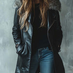 Women's Vintage Fur Collar Zipper Mid-Length Leather Coat