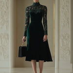【24-hour shipping out】Elegant Retro Velvet Stitching Lace High Collar Long Sleeve Midi Dress