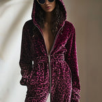 【24-hour shipping out】Casual Retro Purple Velvet Leopard Print Elastic Waist Zipper Hooded Jumpsuit