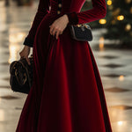 Fashion Retro Ankola Red Velvet Single-Breasted Long-Sleeved Midi Dress