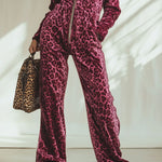 Casual Loose Retro Pink Velvet Leopard Print Elastic Waist Zipper Hooded Jumpsuit