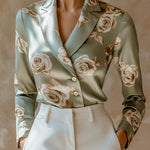Elegant Lapel Rose Pattern Side Button Down Satin Shirt