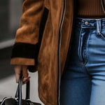 Women's Retro Zipper Contrast Color Suede Coat