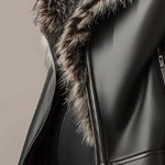 Women's Vintage Fur Collar And Lined Zipper Leather Jacket