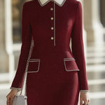【24-hour shipping out】High-End Retro Luxury Contrast Hem Lapel Dress