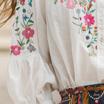 Cotton and Linen Floral Embroidery Long Sleeve Shirt