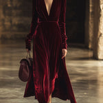 【24-hour shipping out】V-Neck Retro Solid Color Velvet Long-Sleeved Midi Dress