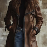 Women's Vintage Contrast Collar Faux Leather Jacket