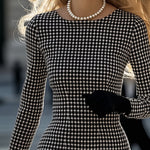 【24-hour shipping out】Retro Elegant High-End Round Neck Houndstooth Dress