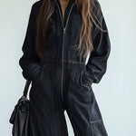【24-hour shipping out】Casual Loose Retro Denim Zipper Elastic Waist Lapel Long Sleeve Jumpsuit