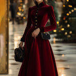 Fashion Retro Ankola Red Velvet Single-Breasted Long-Sleeved Midi Dress