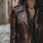 Women's Vintage Lapel Button Leather Long Jacket
