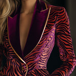 Casual Loose Vintage Velvet Zebra Pattern Gold Wire Striped Lapel Pocket Blazer