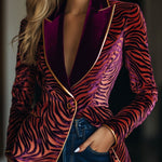 Casual Loose Vintage Velvet Zebra Pattern Gold Wire Striped Lapel Pocket Blazer