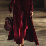 【24-hour shipping out】V-Neck Retro Solid Color Velvet Long-Sleeved Midi Dress