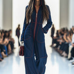 Casual Loose Retro Red Topstitched Denim Wide Leg Long Sleeve Jumpsuit