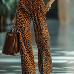 【24-hour shipping out】Casual Loose Vintage Velvet Leopard Print Pocket Elastic Waist Pants