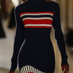 Retro French Elegant Fashionable High Collar Red And White Striped Dress